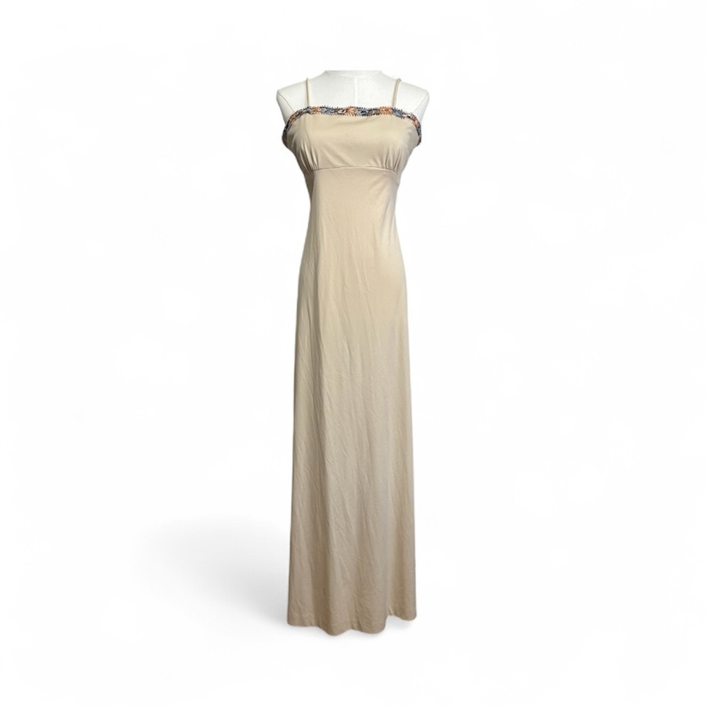 70s Union Made Beige Maxi Slip Dress Lace Detail Kaftan Style Cardigan Wrap Vtg - Picture 2 of 16
